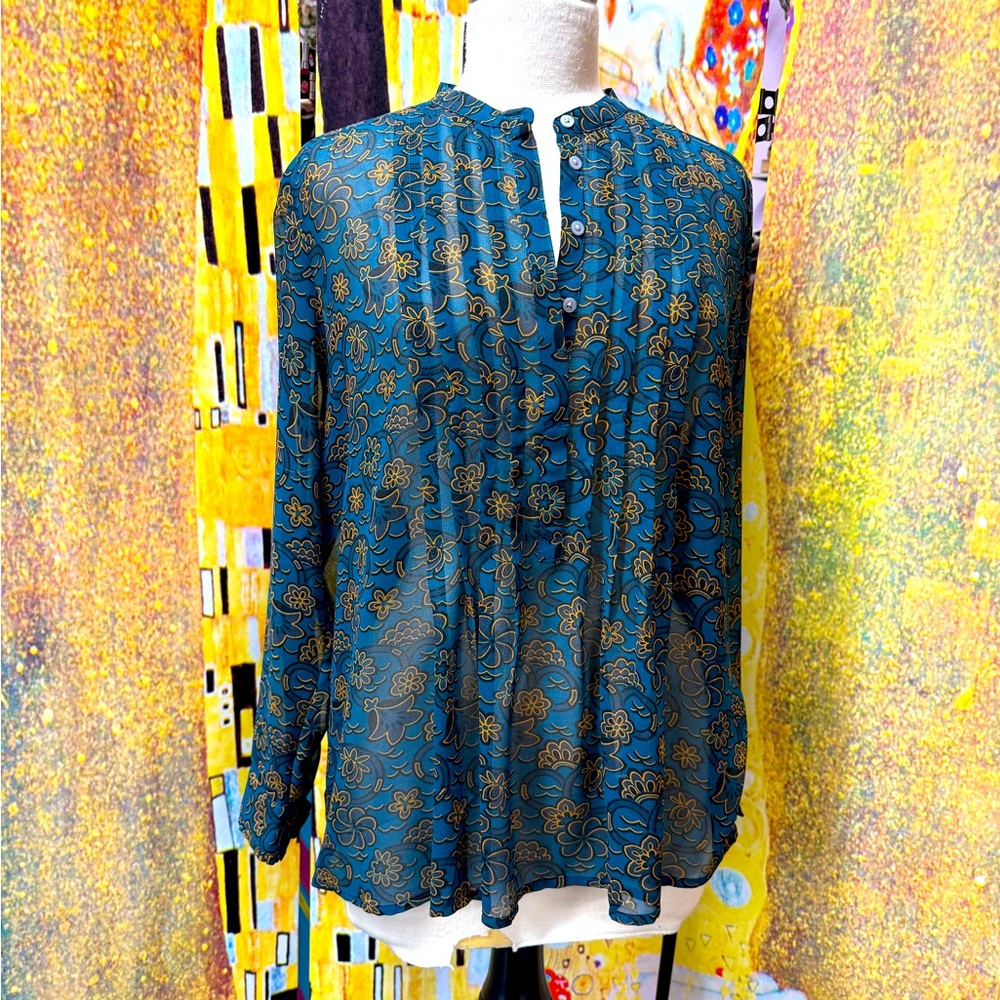 LOFT Blue & Gold Button and Pleated Front Sheer Long Sleeve Blouse Large Petite